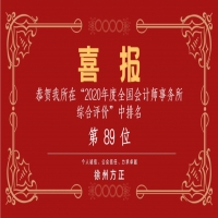 全國會計師事務所綜合評價排名公布，我公司位列89名！